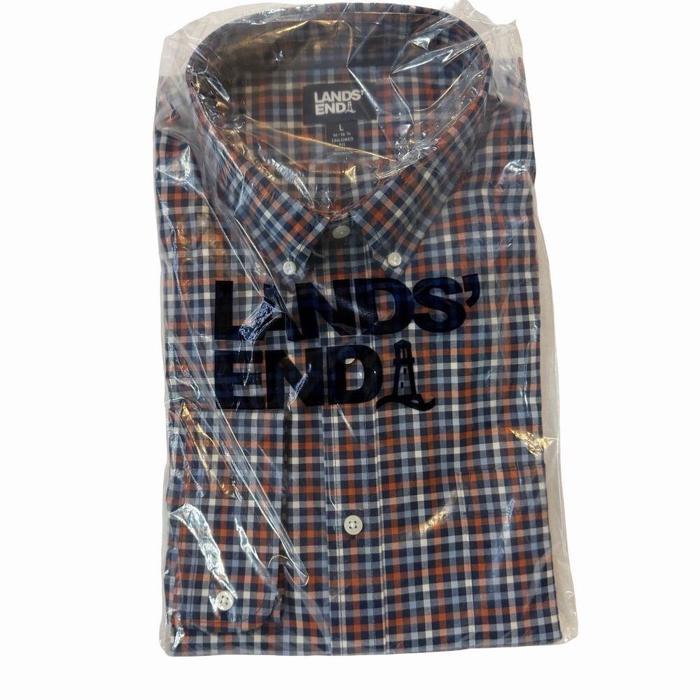Lands End Shirt Men's Large (16 -16.5) Blue Orange Plaid Long Sleeve Tailored Ft
